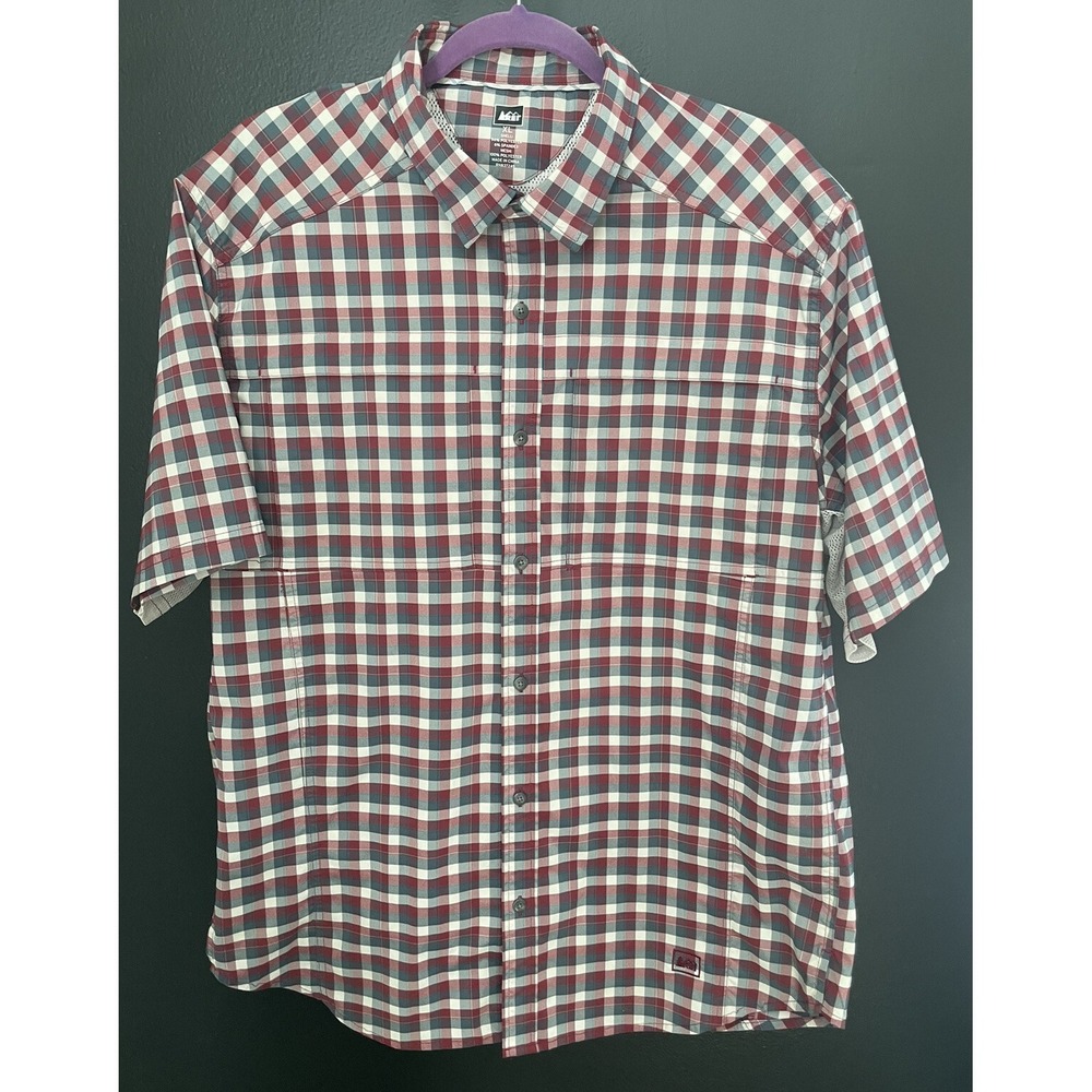 REI Men's XL Nylon Vented Button Down Shirt‎ Green Plaid Hiking Fishing